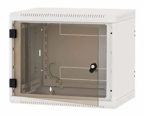 Rack de perete Triton sectiune simpla 12U 600mm adancime usa sticla panouri laterale fixe sectiuni ventilatie activa, sectiuni acces cabluri sus/jos/spate securizare cu cheie, 1 pereche montanti reglabili IP30 (Gri)