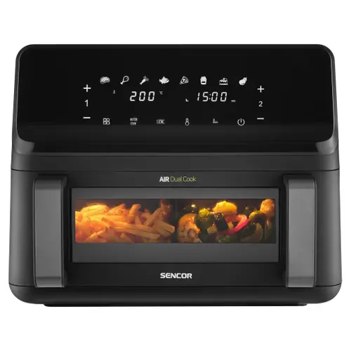 Friteuza dubla cu aer cald Sencor SFR9650BK, 2700 W, 9 l (2x4.5 L), Termostat 80-200 C, Display tactil, 8 programe (Negru)