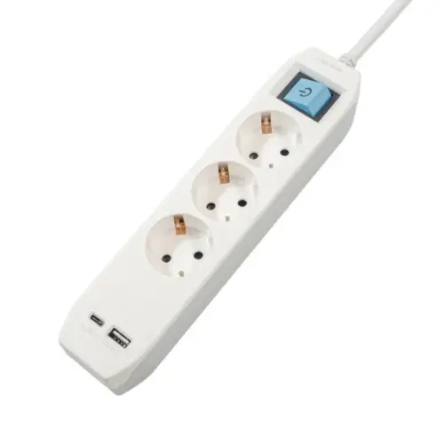 Prelungitor Spacer PP-3-18-TC-USB, Schuko x 3, Type-C x1, USB x 1,  cablu 1.8m (Gri/Alb)
