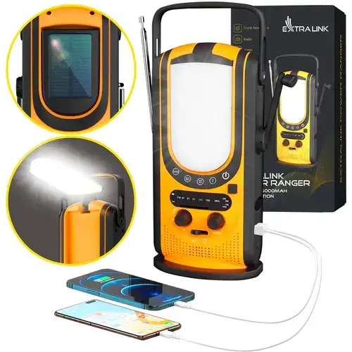 Radio Extralink Power Ranger EPS-6000, Acumulator extern 6000 mAh, Lanterna LED, Incarcare cu Manivela si Dinam, Incarcare solara (Negru/Galben)