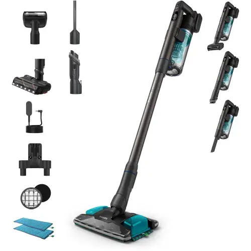 Aspirator vertical Philips XC8155/01 seria 8000, Autonomie pana la 80 min, Recipient 0.6 l, cap de aspirare si mop Aqua Plus,  cap de aspirare PetPro, filtru suplimentar,1 laveta microfibra, suport statie de incarcare (Negru/Albastru)