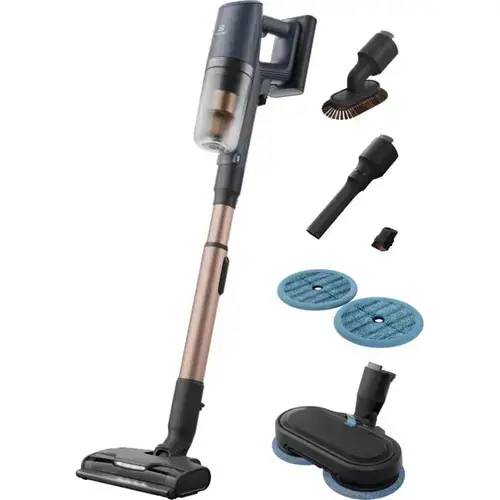 Aspirator vertical Electrolux Wet 800 EP82H25WET, Autonomie pana la 90 min, 25,2 V, 4000 mAh, putere aspirare 140 AW, ecran LCD, 3 viteze + Auto, 0,4 l, perie Turbo cu LED, perie mopping cu LED, stand incarcare pe podea (Albastru)