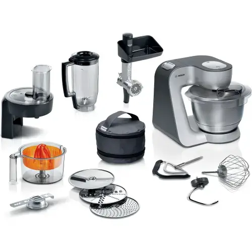 Robot de bucatarie Bosch MUM5935B, 1000 W, 7 viteze, bol 3.9 l, blender, masina de tocat, Mixare planetara 3D (Argintiu/Negru)
