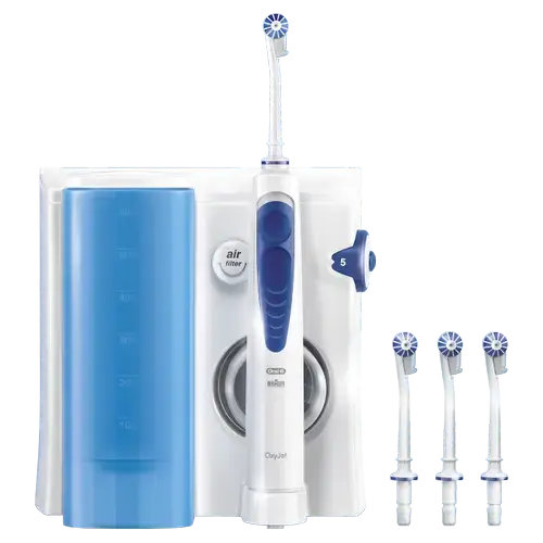 Irigator bucal Oral-B MD20 Oxyjet Healthjet-Center, 8800 miscari/minut, 4 capete (Alb/Albastru)