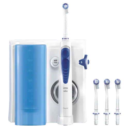 Irigator bucal Oral-B MD20 Oxyjet Healthjet-Center, 8800 miscari/minut, 4 capete (Alb/Albastru)