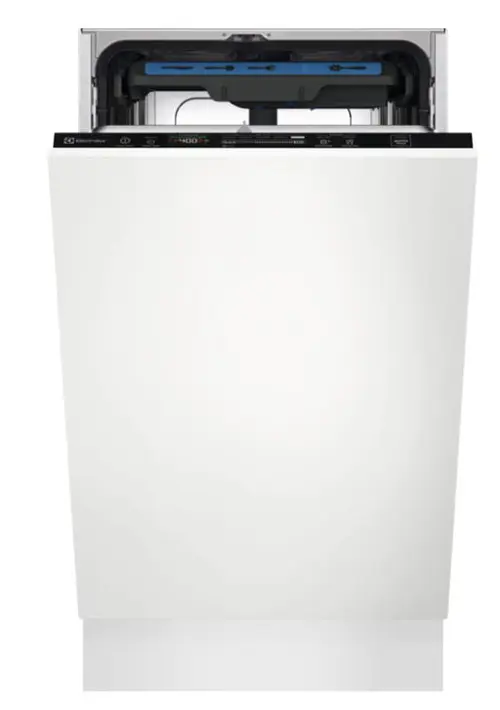 Masina de spalat vase slim incorporabila Electrolux EEM43211L, 10 seturi, 8 programe, AirDry, QuickSelect, Usa slide, Motor inverter, SatelliteClean, Afisaj digital, Indicator luminos pe podea, Clasa E, 45 cm (Alb)