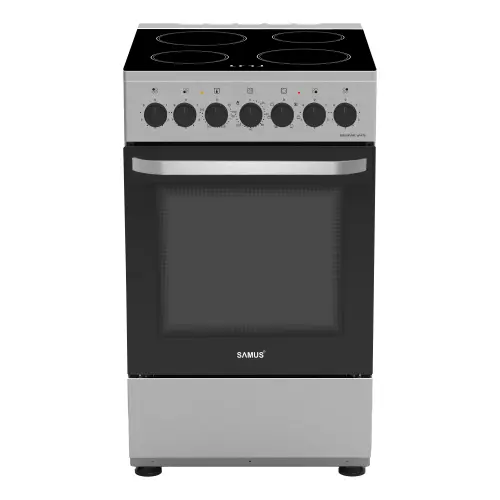 Aragaz Samus SM568VME, 60 l, 7 functii, Clasa A, Lumina interioara, Timer mecanic, 4 zone de gatit vitroceramice, Cuptor cu 7 functii (Inox)