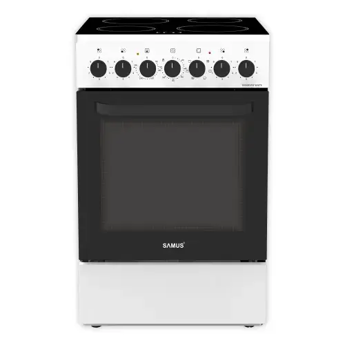 Aragaz Samus SM568VME, 60 l, 7 functii, Clasa A, Lumina interioara, Timer mecanic, 4 zone de gatit vitroceramice, Cuptor cu 7 functii (Alb)