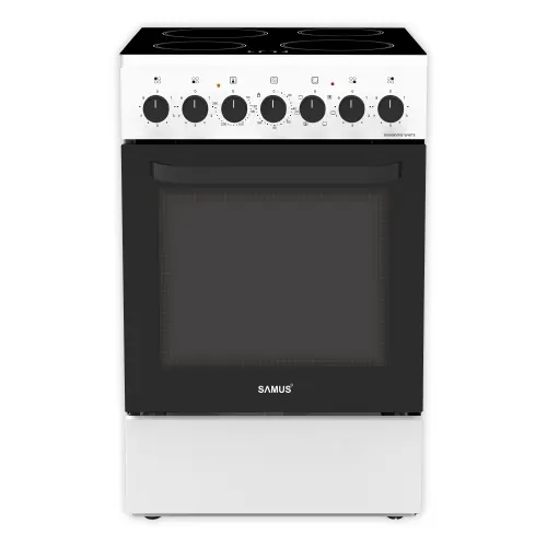 Aragaz Samus SM568VME, 60 l, 7 functii, Clasa A, Lumina interioara, Timer mecanic, 4 zone de gatit vitroceramice, Cuptor cu 7 functii (Alb)