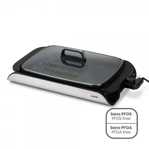 Gratar electric 2in 1 Livoo DOC321, 40x30 cm, 2000 W, capac din sticla securizata, termostat reglabil si detasabil (Negru)