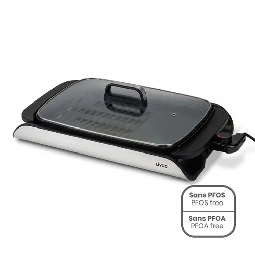 Gratar electric 2in 1 Livoo DOC321, 40x30 cm, 2000 W, capac din sticla securizata, termostat reglabil si detasabil (Negru)