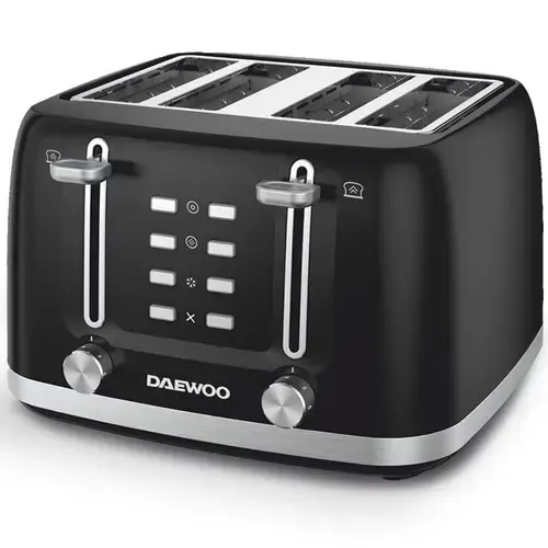 Prajitor de paine Daewoo DBT4160B, putere 1600 W, capacitate 4 felii, tavita de firimituri, functii: waffles, reincalzire, decongelare, anulare, control electronic rumenire, carcasa inox (Negru)