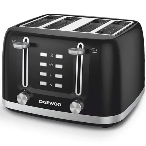 Prajitor de paine Daewoo DBT4160B, putere 1600 W, capacitate 4 felii, tavita de firimituri, functii: waffles, reincalzire, decongelare, anulare, control electronic rumenire, carcasa inox (Negru)