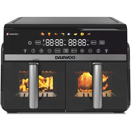 Friteuza dubla cu aer cald Daewoo DAF2X1100LRB, 1100 W, display LED, capacitate 10 L 5+ 5, timer 60 minute, 8 programe predefinite, temperatura reglabila 80-200 grade (Negru)