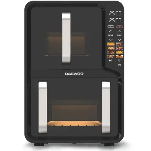 Friteuza dubla cu aer cald Daewoo DAF2X1100UDB, 1600 W, display LED, capacitate 12L 5 + 7, timer 60 minute, 8 programe predefinite, temperatura reglabila 80-200 grade (Negru)