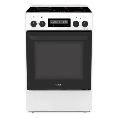 Aragaz Samus SM669VDE, Electric, 4 zone de gatit vitroceramice, 59 l, Timer digital, Touch Control, Display digital (Alb)