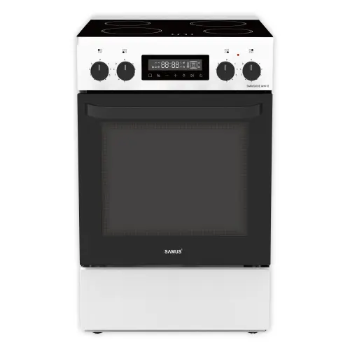 Aragaz Samus SM669VDE, Electric, 4 zone de gatit vitroceramice, 59 l, Timer digital, Touch Control, Display digital (Alb)