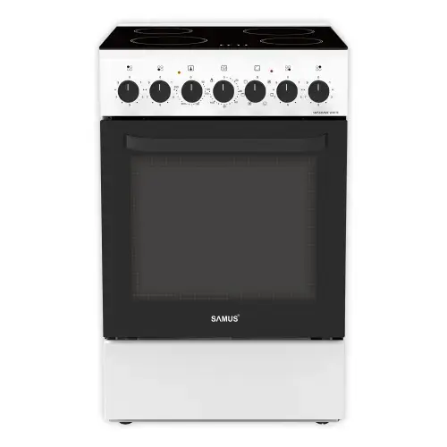Aragaz Samus SM668VME, Electric, 4 zone de gatit vitroceramice, 60 l, Timer mecanic, Termostat reglabil, 7 functii cuptor (Alb)