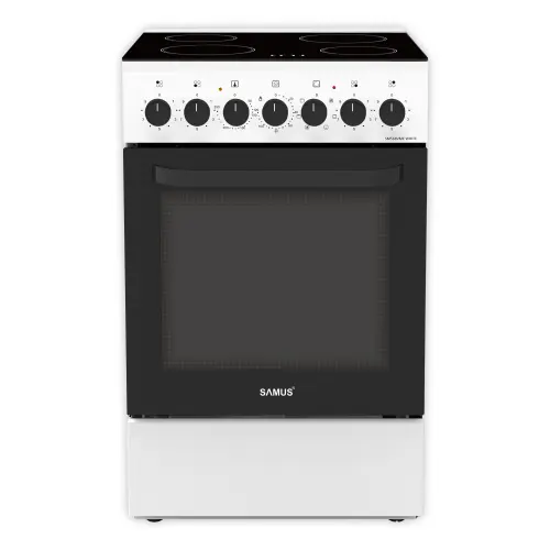 Aragaz Samus SM668VME, Electric, 4 zone de gatit vitroceramice, 60 l, Timer mecanic, Termostat reglabil, 7 functii cuptor (Alb)