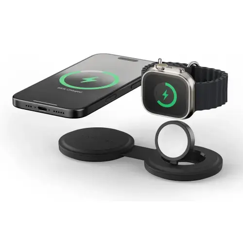 Incarcator Wireless Satechi ST-QTG21K 2 in 1 pliabil Qi2, pentru dispozitivele Apple, Magsafe, Statie de incarcare pentru Iphone, AppleWatch, AirPods, Samsung, OnePlus (Negru)