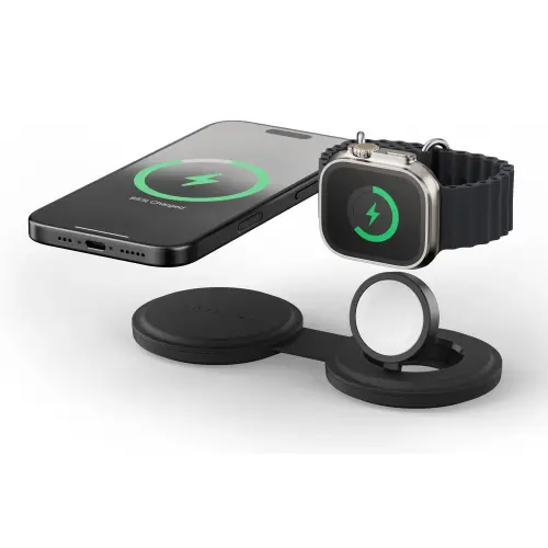 Incarcator Wireless Satechi ST-QTG21K 2 in 1 pliabil Qi2, pentru dispozitivele Apple, Magsafe, Statie de incarcare pentru Iphone, AppleWatch, AirPods, Samsung, OnePlus (Negru)