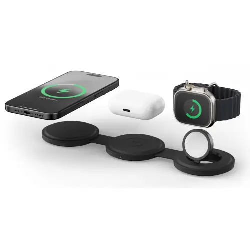 Incarcator Wireless 3 in 1 pliabil Qi2 Satechi ST-QTG31K, pentru dispozitivele Apple, Magsafe, Statie de incarcare pentru Iphone, AppleWatch, AirPods, Samsung, OnePlus (Negru)
