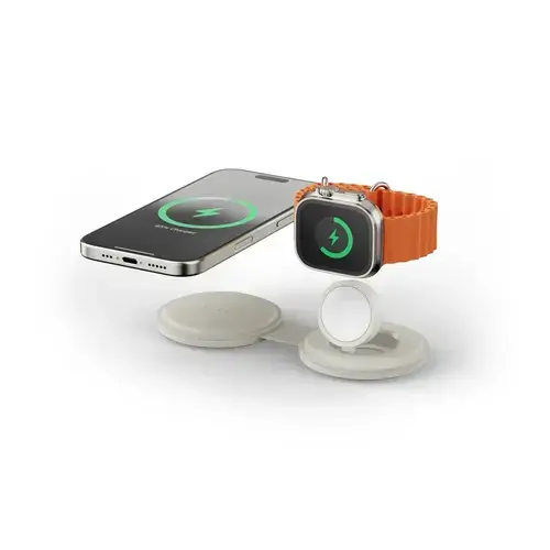 Incarcator Wireless 2 in 1 pliabil Qi2 Satechi ST-QTG21W, pentru dispozitivele Apple, Magsafe, Statie de incarcare pentru Iphone, AppleWatch, AirPods, Samsung, OnePlus (Bej)
