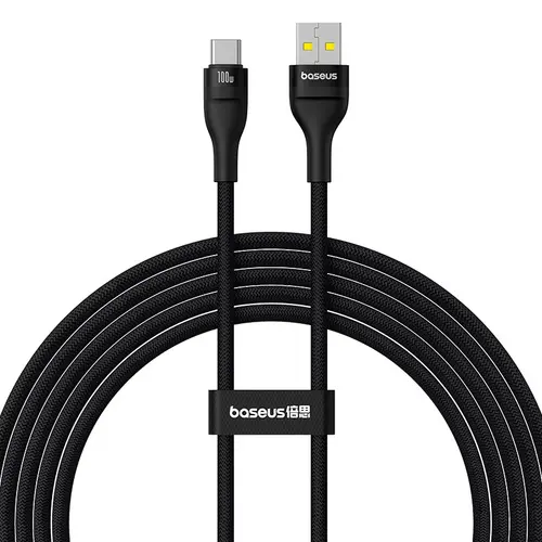 Cablu de date Baseus Flash 2, USB-A la USB-C, 2 m, 100 W (Negru)