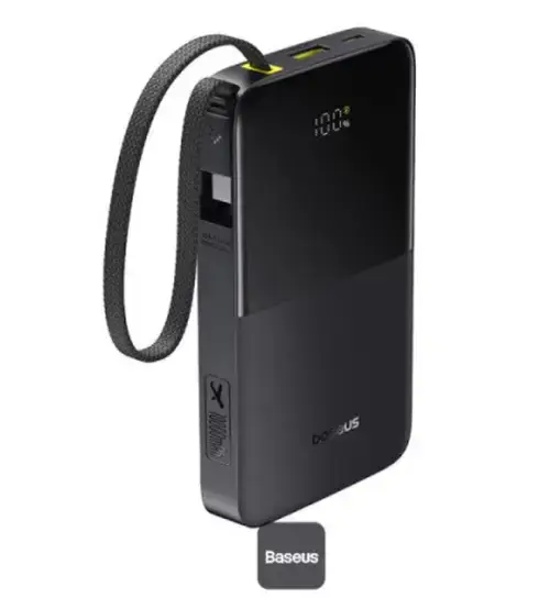 Acumulator extern Baseus EnerFIll FC51 Bipow 2 Pro Digital E0028100, 30000 mAh, 22.5 W, 1 x USB, 1 x USB Type-C, cablu integrat USB Type-C (Negru)