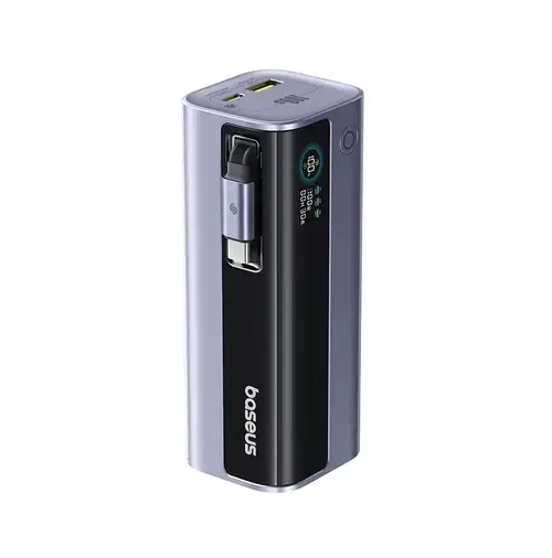 Baterie externa Baseus EnerGeek GR11, 10000 mAh, 1x USB, 2x USB-C, 100 W, Display, Cablu USB-C integrat (Gri)