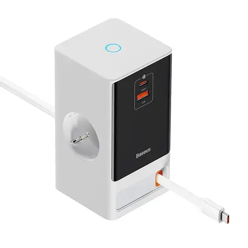 Incarcator retea Baseus PowerCombo Powerstrip PSLR000602, QC 65 W, 1 x cablu integrat retractabil USB Type-C Output 5V/3A, 1xUSB, 1.5m (Alb)