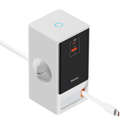 Incarcator retea Baseus PowerCombo Powerstrip PSLR000602, QC 65 W, 1 x cablu integrat retractabil USB Type-C Output 5V/3A, 1xUSB, 1.5m (Alb)
