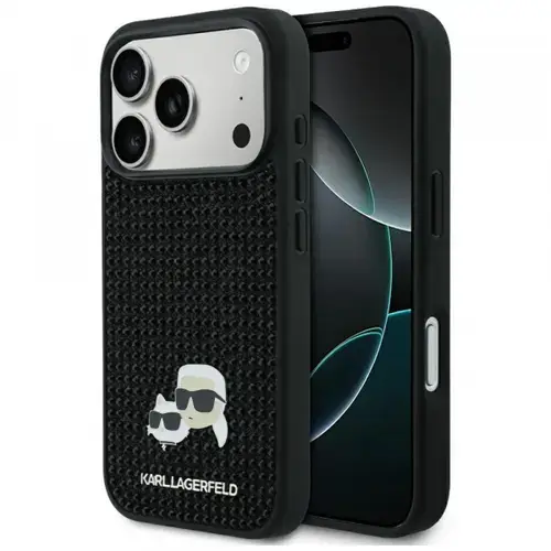 Husa pentru Apple iPhone 17 Pro, Karl Lagerfeld, Rhinestone Karl & Choupette Pins (Negru)