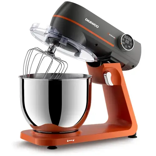 Mixer cu bol Daewoo DHM1000 SDA motor DC, 1000 W, 10 trepte de viteza, capacitate bol inox 7 litri, angrenaj metalic, display LED, accesorii incluse:tel, carlig framantare, palete amestecare din silicon (Negru/Portocaliu)