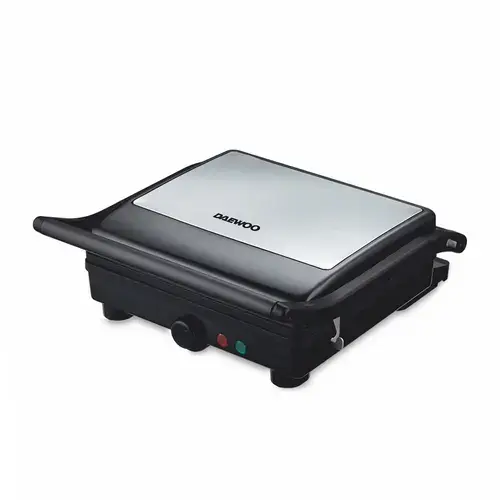 Grill electric Daewoo DG2000X, 2000W, capac si maner din inox, indicatori luminosi, buton pornire/oprire, termostat reglabil, deschidere placi la 180° (Inox)