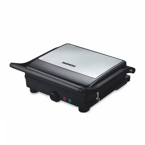 Grill electric Daewoo DG2000X, 2000W, capac si maner din inox, indicatori luminosi, buton pornire/oprire, termostat reglabil, deschidere placi la 180° (Inox)