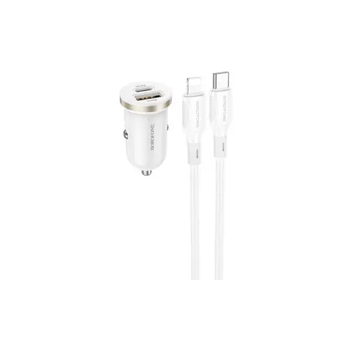 Incarcator auto Borofone BZ22, 1x USB-C, 1x USB, 30 W, include cablu USB Type-C la Iphone Lightning de 1m (Alb)