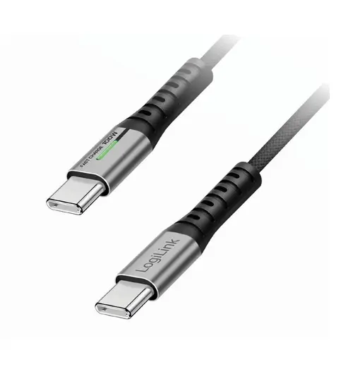 Cablu de date si alimentare LogiLink CU0434, USB 3.2, USB Gen Type-C (T) la USB Type-C (T), 2m, PD 100W, 3 x ecranat, 4K/60Hz, 20Gbps, LED, metal (Negru)