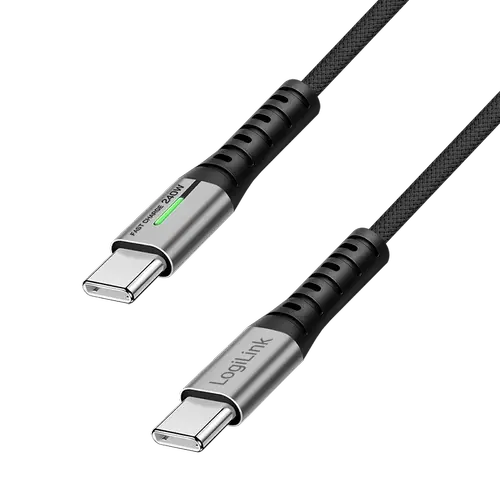 Cablu de date si alimentare LogiLink CU0444, USB 3.2, USB Gen Type-C (T) la USB Type-C (T), 2m, PD 240W, 3 x ecranat, 4K/60Hz, 20Gbps, LED, metal (Negru)
