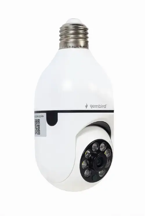 Camera supraveghere video interior Gembird TSL-CAM-WRHD-01, 2MP, 3.6mm, Wi-Fi, FullHD 1920x1080, Microfon, Rotatie 355 grade, Inclinare 120 grade, slot microSD, Tuya, Socket E27 (Alb)