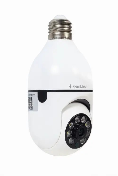 Camera supraveghere video interior Gembird TSL-CAM-WRHD-01, 2MP, 3.6mm, Wi-Fi, FullHD 1920x1080, Microfon, Rotatie 355 grade, Inclinare 120 grade, slot microSD, Tuya, Socket E27 (Alb)