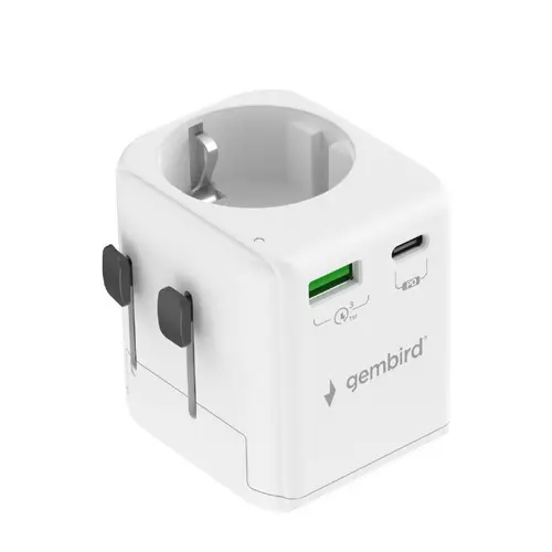 Incarcator retea Gembird TPA-EU1A1C20-01-W, US/UK/CN/AU, cu impamantare, 1x Schuko, 1x USB Type-C PD 20W, 1x USB-A QC 18W, siguranta 10A, max 2500W (Alb)