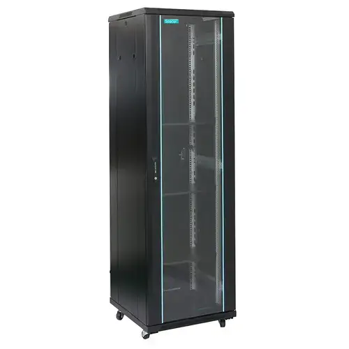 Cabinet de podea Spacer SPCN-42U-600-BK-03, 42U, 600x600mm, Flatpack (dezasamblat), usa sticla cu blocare, panouri laterale detasabile, otel 2mm, sarcina maxima 1000Kg (Negru)