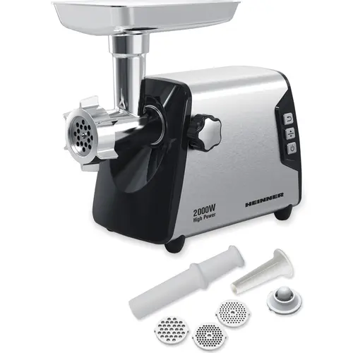 Masina de tocat Heinner HMG-Y2000SS, 2000W, Capacitate tocare de 3kg/min, Cutit inox, 3 site metalice, Buton switch cu 2 viteze, Functie reverse, Carcasa inox (Negru/Argintiu)