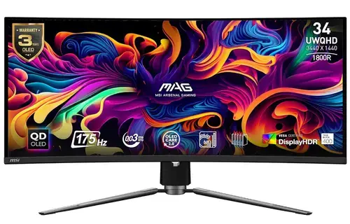 Monitor Gaming QD-OLED MSI 34inch MAG 341CQP QD-OLED, UWQHD (3440 x 1440), HDMI, DisplayPort, Ecran curbat, 175 Hz, 0.03 ms (Negru)