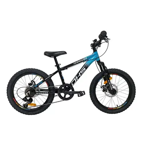 Bicicleta copii MTB DHS Terrana, roata 20 inch, frane disc fata/spate, 6 viteze Shimano Tourney, suspensie fata, cadru aluminiu, Negru/Albastru