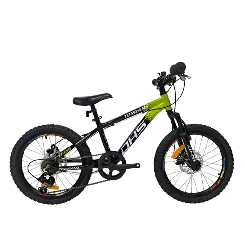 Bicicleta Copii Dhs Terrana 2023, model 2026, roti 20 Inch, frane pe disc, Negru/Verde