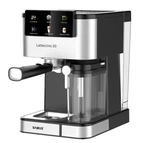 Espressor manual Samus LATTECCINO 20, 1350 W, 200 bari, Rezervor apa 1.5 l, Rezervor lapte 500 ml, 7 bauturi (Negru/Inox)