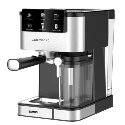 Espressor manual Samus LATTECCINO 20, 1350 W, 200 bari, Rezervor apa 1.5 l, Rezervor lapte 500 ml, 7 bauturi (Negru/Inox)