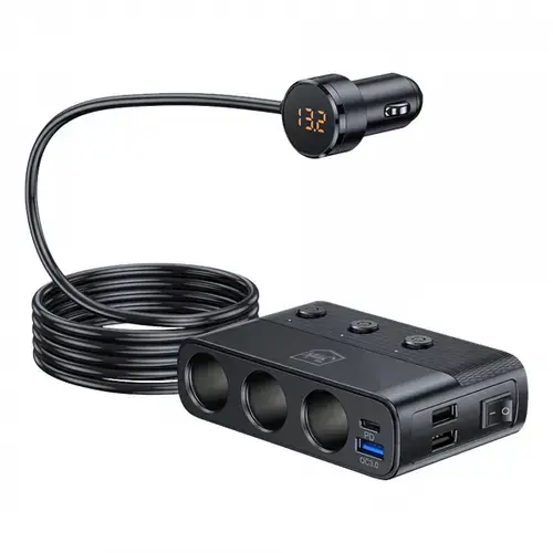 Incarcator auto 3MK Power Splitter, 120W, 3 x USB-A, 1 x USB-C, 3 x extensie bricheta (Negru)